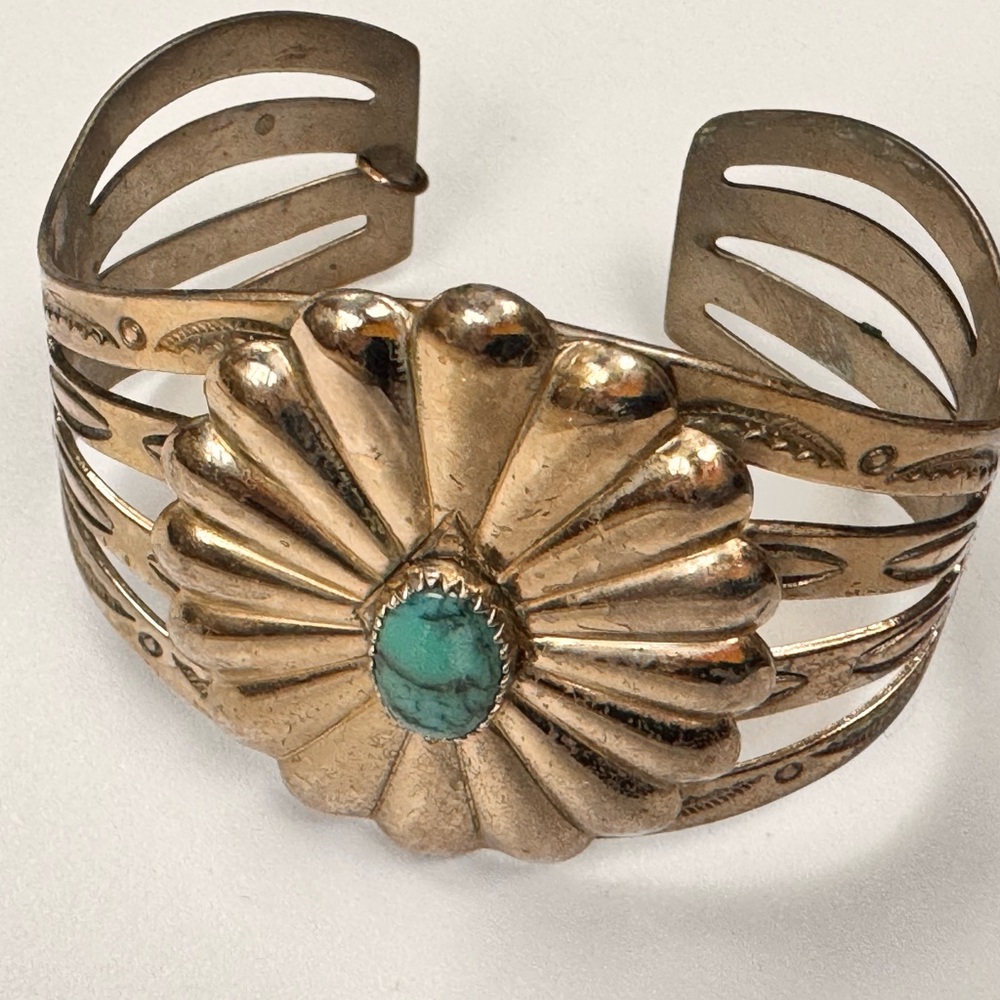 Vintage Nickel Silver Native American Navajo Turquoise Concha Cuff Bracelet